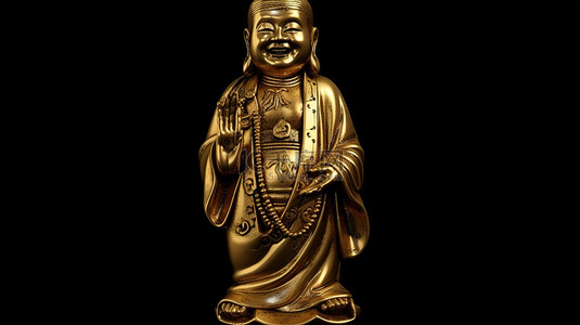孤立在黑色中国金色微笑和尚佛像的 3D 渲染与剪切路径