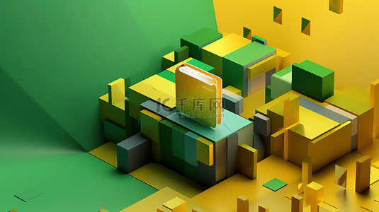 黄色和绿色色调的几何平台呈现信用卡的概念，礼品盒通过 3D 渲染抽象组成