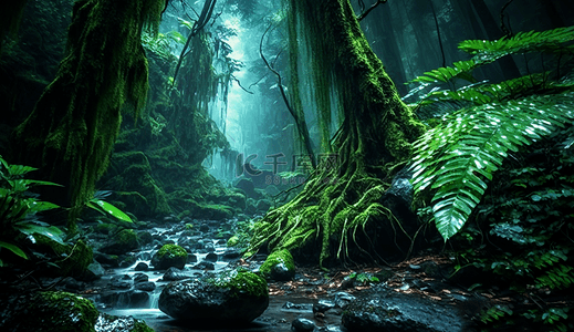 瀑布背景图片_雨中的森林小溪流水石头丛林绿色自然背景