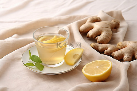 暴打柠檬茶背景图片_一杯茶，加柠檬和姜，放在白布上