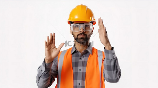 创意头盔背景图片_建筑工程师戴着亮橙色头盔和格子衬衫，同时戴着 3D 眼镜做手势