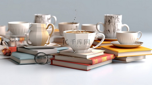 一对完美的咖啡书象征着白色背景 3D 插图上的学习知识和教育