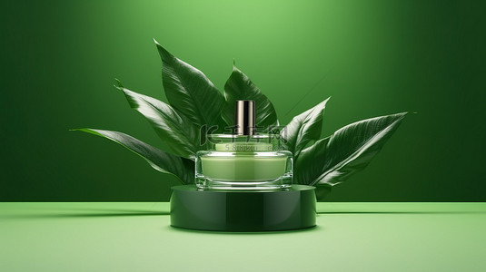绿色背景，带有 3D 渲染的讲台和带有新鲜绿叶的化妆品瓶