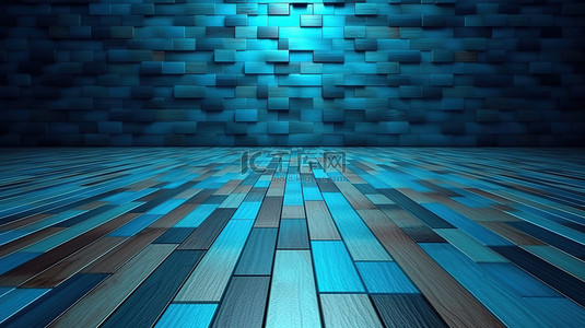 浅色背景照明的蓝色图案木地板和墙壁纹理的 3D 渲染