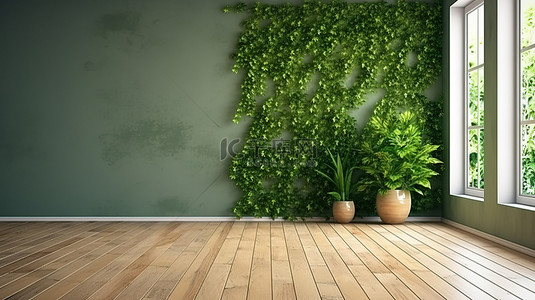 空荡荡的房间里简约的室内木地板和绿色墙壁，配有 3D 渲染的盆栽植物