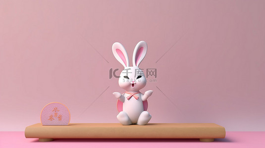 可爱的 3D 兔子角色呈现空荡荡的讲台和空白的中国手卷轴