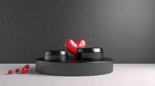 情人节讲台上展示的黑心 3D 礼品盒物体