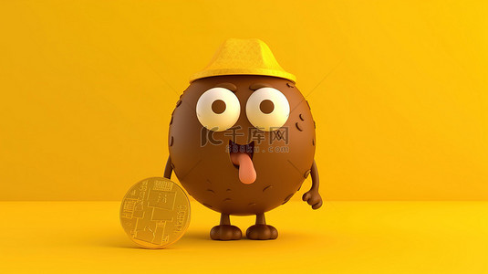 3D 渲染的人物吉祥物，在充满活力的黄色背景上拿着一个棕色鸡蛋和一枚闪亮的比特币金币