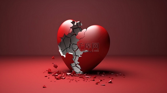 秋分手账背景图片_3D 插图描绘了心碎的分居和离婚与破碎的心概念