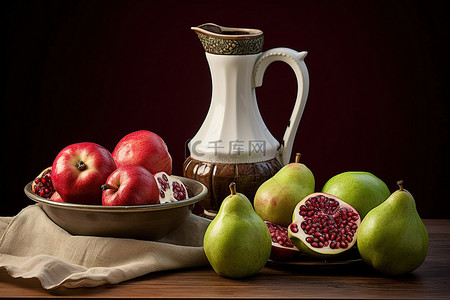 梨背景背景图片_桌上一罐石榴和梨