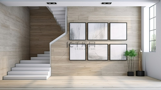 光滑的地下空间楼梯和简约的白色模型在木板画廊上以 3D 渲染