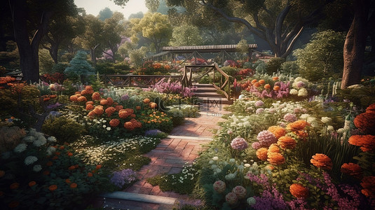 花园场景背景图片_梦幻般的植物群 3D 插图花园场景