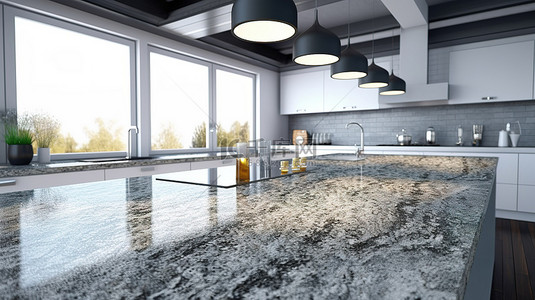3D 渲染的现代花岗岩台面非常适合带有优雅厨房背景的蒙太奇