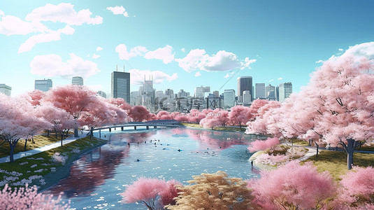花河流背景图片_阳光明媚的一天，在日本花园里，樱花盛开，河流 3D 插图