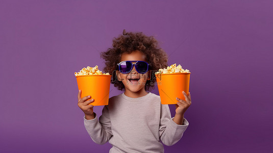一个戴着 3D 眼镜拎着一大桶爆米花的孩子在紫色背景下摆出姿势
