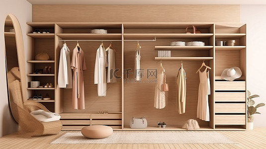 白色木纹背景图片_最小的步入式衣柜，带有木纹 d cor 3D 渲染的室内场景和样机