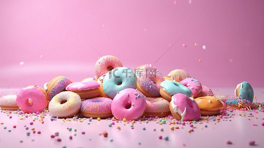 充满活力的 3D 渲染甜甜圈与白云和粉红色背景上的五彩纸屑