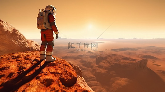 太空探索者在 3D 渲染中从火星的深红色地形凝视地球