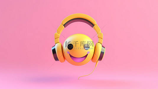 柔和的粉红色背景上带耳机的音乐表情符号的 3D 渲染