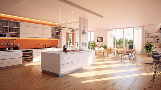 带厨房和用餐区的现代开放式公寓的 3D 渲染
