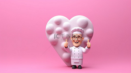 女孩演讲背景图片_可爱的厨师面包师或咖啡师在粉红色 3D 背景上用心泡演讲竖起大拇指