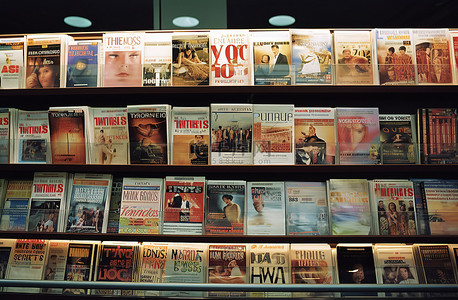 美国杂志广告背景图片_书架上陈列着许多杂志书籍