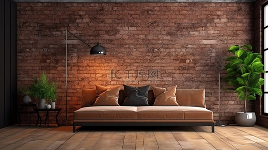 木板背景图片_3D 房间样机采用阁楼风格的室内设计，配有金属墙沙发木地板和砖墙