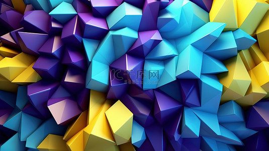 蓝紫色和黄色的几何形状抽象 3D 插图
