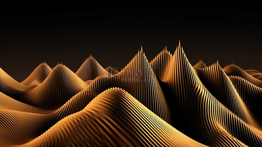 金色的垂直线条在令人惊叹的 3D 渲染中耸立在山间