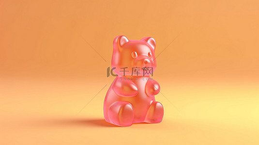 粉红色背景上的软糖熊仙境彩色果冻豆，适合儿童 3D 渲染