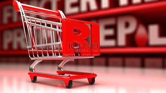 白色背景上以粗体红色字母零售的购物车的 3D 渲染