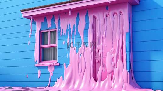 粉色房屋背景图片_蓝色房屋墙壁上溅满粉红色油漆的 3D 渲染