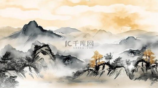 全景天空背景图片_日本水彩水墨风格的自然景观山地地形的 3D 抽象艺术