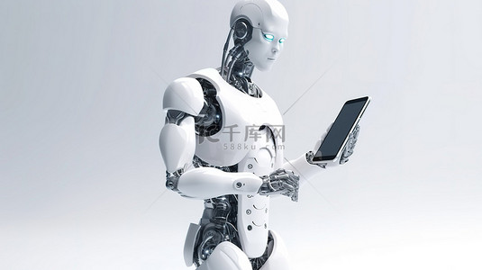安卓手机背景图片_孤立的白色背景 3d 渲染机器人或机器人与具有人工智能的空白屏幕手机