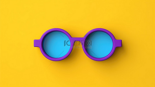 简约工作室在紫色背景和黄色圆圈上拍摄浮雕 3D 眼镜的顶视图