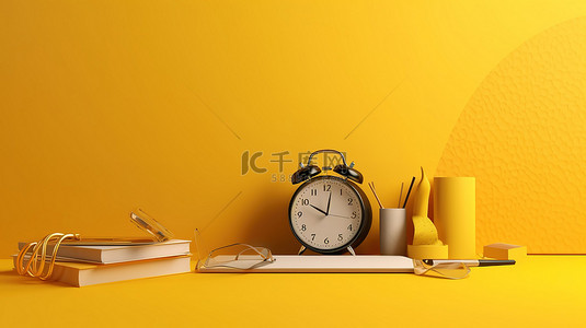 带笔记本电脑闹钟和彩色铅笔的 3D 渲染的充满活力的黄色工作区