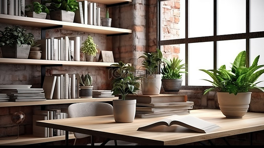 家庭读书背景图片_将自然带入室内，一个温馨的工作阁楼，配有书籍文具和一抹绿色植物 3D 渲染