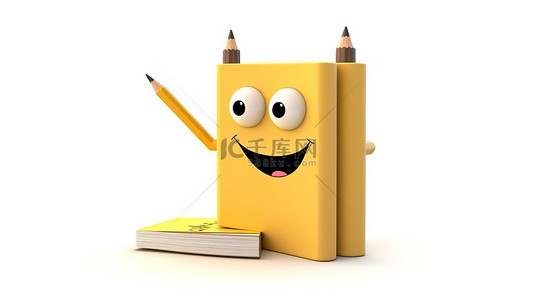 人物杂志背景图片_白色背景上的空白个人日记或组织书旁边的卡通铅笔人物的 3D 渲染