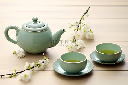 茶叶子背景图片_绿茶有白色的花和叶子