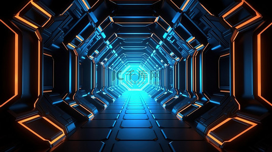 动态主图背景图片_霓虹灯六角形隧道具有抽象现代背景的未来技术概念3D 插图