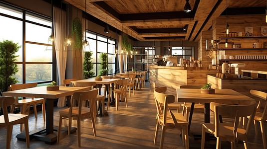 木制主题咖啡馆或餐馆的 3D 渲染