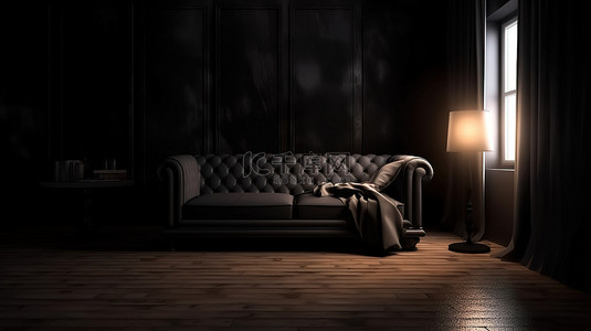 光线昏暗的房间里舒适沙发的 3D 渲染