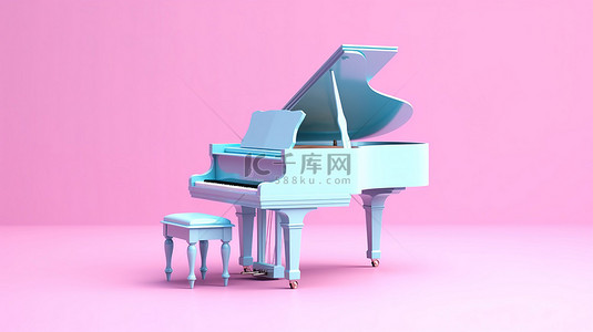 音乐创造力 3D 渲染的双色调蓝色钢琴，在充满活力的粉红色背景上