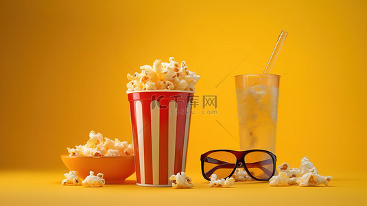 啤酒零食和 3d 眼镜是黄色背景下电影时间的完美组合