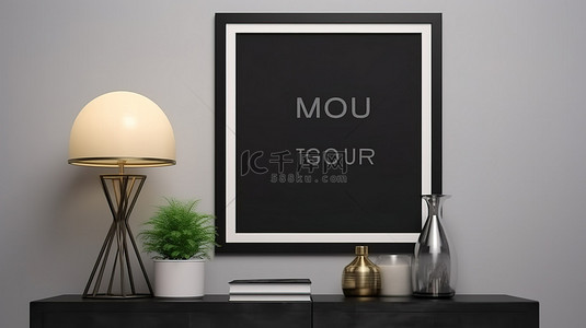时尚别致的极简主义黑色海报框架样机在现代室内与时尚口音 3d 渲染