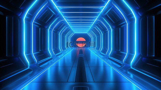 未来派霓虹灯走廊是蓝色未来的抽象门户，带有激光束 3D 插图