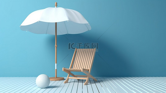 白色和蓝色躺椅，木制平台上带雨伞，在浅蓝色背景下进行 3D 渲染