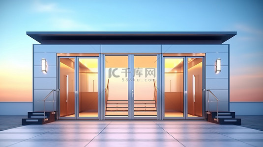 移动房屋中铝制滑动门入口的 3D 插图