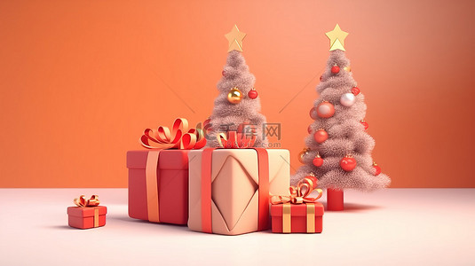卡通风格 3D 渲染礼品盒揭开背景中的圣诞树和装饰品