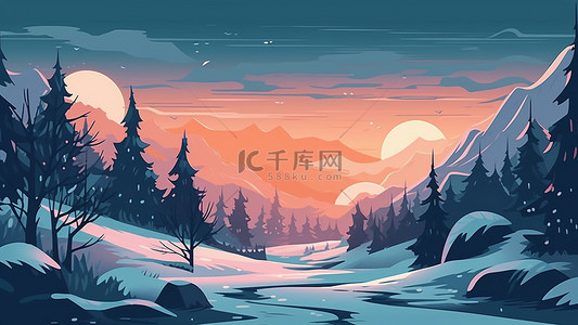 雪景夕阳自然美丽背景